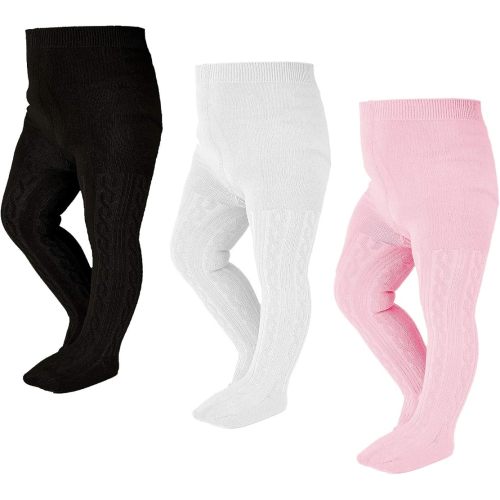 EPEIUS Baby Tights Newborn Girl Seamless Cable Knit Leggings Thick Cotton Stockings Footed Pants Pantyhose 0-3 Months 3 Pack,White/Black/Pink