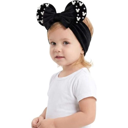 Black Velvet Mouse Ears Turban Headwrap with Beads, Wide Velour Hair Bow Hairband for Unisex Baby, Infants, Toddler, Kids, Newborns
