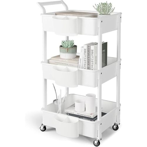 3-Tier Utility Rolling Cart,Mobile Utility Cart with Lockable Caster Wheels,Storage Shelves Organizer Cart, 3 Hanging Baskets, Easy Assembly,for Bathroom, Kitchen, Office, Workshop