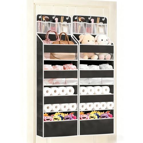 Wakaye 2 Pack Over the Door Storage Organizer - Space Saving Behind Door Hanging Organizer - Back Door Storage for Nursery/Pantry/Bathroom/Bedroom/Diaper/Toys, Black