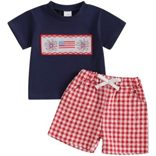 Toddler Baby Boy 4th of July Outfit Embroidery Short Sleeve T-Shirt Plaid Shorts Set 2Pcs Independence Day Clothes