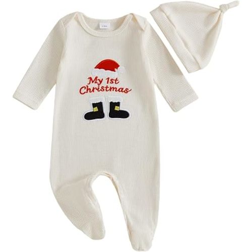 FYBITBO My First Christmas Baby Boy Outfit Newborn Boy Girl Santa-Capped Christmas Footie Romper Onesie Xmas Clothes