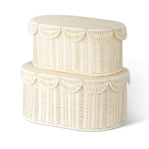 GRANNY SAYS Plastic Wicker Storage Basket with Lids, Woven Scalloped Baskets for Organizing, Decorative Box with Scalloped Edge, Wicker Box for Shelves, Nursery, Bathroom, Living Room