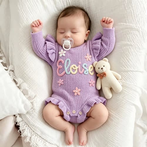 Personalized Baby Name Romper, Newborn Girl Coming Home Outfit, Toddler Knitted Ruffle Romper, Birth Announcement Frilly Romper, Baby Gifts