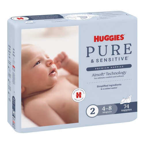 Huggies Pure & Sensitive Nappies 74 Pack Size 2