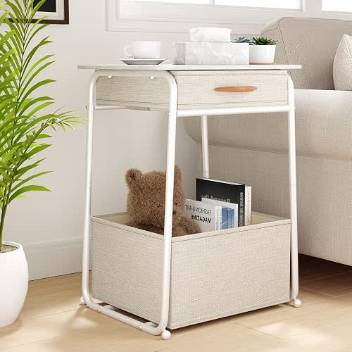 Olldide White Side Table with Storage Basket, End Tables with Fabric Drawer