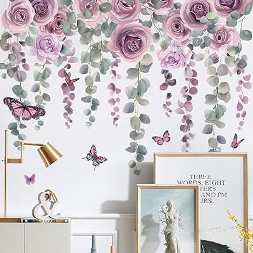 Purple Flower Wall Decals Hanging Vine Floral Wall Stickers Flower Plants Butterfly Wall Murals Removable DIY Peel and Stick for Baby Girls Nursery Bedroom Living Room Sofa TV Background