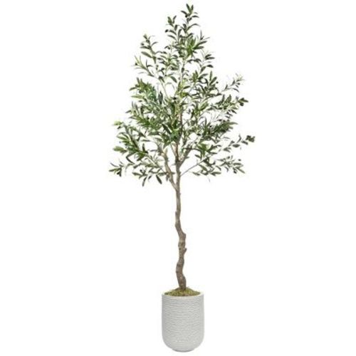 7ft Artificial Olive Tree with White Planter Realistic Faux Green Plant Outdoor Indoor Home Office Decor No Maintenance