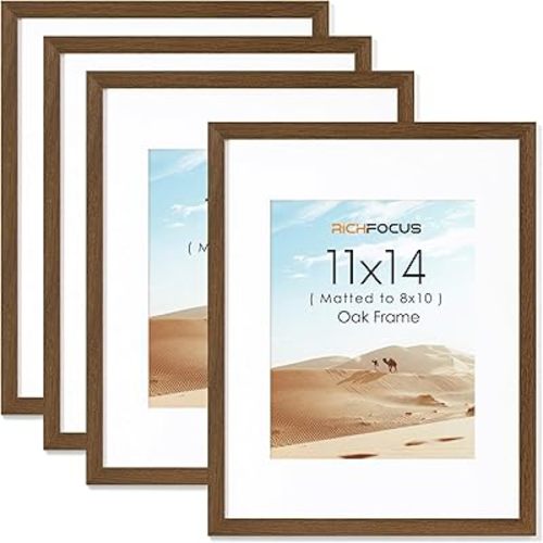 RICHFOCUS 11x14 Picture Frame Set of 4|Solid Oak Wood 11x14 Picture Frame with Mat for 8x10|Rustic 11 x 14 Photo Frame Natural Wood|11 by 14 Wooden Frame for Wall Hanging|Walnut
