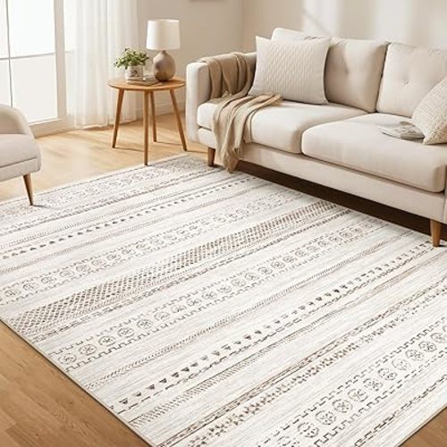 Area Rug Living Room Rugs - 6x9 Washable Boho Farmhouse Bohemian Neutral Large Moroccan Geometric Soft No Slip Indoor Rug Thin Floor Carpet for Bedroom Under Dining Table Home Office - Brown