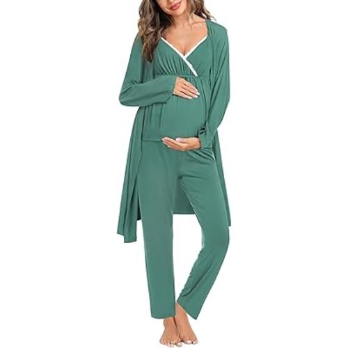 SWOMOG Maternity Nursing Robe Set 3 Piece Breastfeeding Pajamas 3 in 1 Labor Delivery Sleevless Tops&Long Pants Pregnancy Pjs