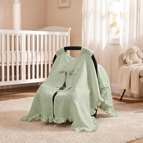Tegeme Green Baby Carseat Cover with Bow 100% Cotton Car Seat Canopy Cover 32 x 44 Inches Soft Breathable Canopy for Girls Boys Stroller and Cart Carseat Nursing Covers for Newborn