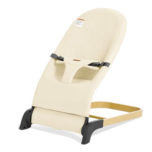 Foldable Baby Bouncer, Baby Seat with 3 Adjustable Heights, Portable Newborn Rocker, Ergonomic Bouncy Seat for Natural Bounce, Bouncer for Babies 0-6 Months, Soft Cotton (Beige)