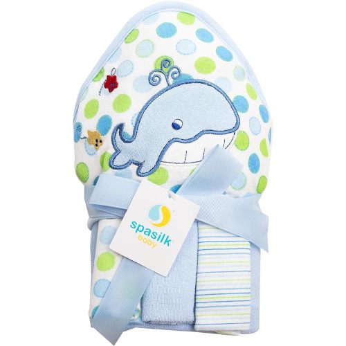 Spasilk Baby Bath Hooded Terry Towel with 3 Washcloths, Baby Bath Essentials, One Size, Blue Whale