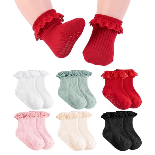 Baby Girl Ruffle Socks with Grips Soft Cotton Non Slip Ankle Socks | Frilly lace dress socks with anti-skid grips, breathable cotton footwear for newborn infants crawling, walking, church