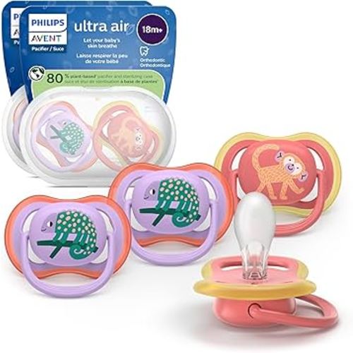 Philips Avent Ultra Air Pacifiers - Orthodontic Design, for Babies 18 Months+, Extra-Firm Silicone Symmetrical Nipple, BPA-Free, with 2 Sterilizing Cases, 4 Pack, SCF349/54