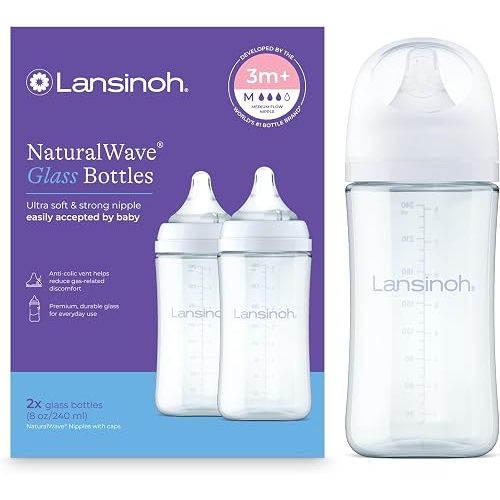 Lansinoh Glass Baby Bottles, Anti-Colic, White, 8oz, 2 Count, with Medium Flow Nipples (Size M, 3-6 Months), Baby Feeding Essentials