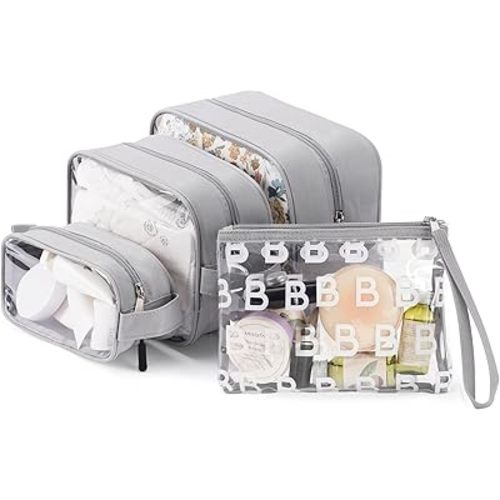 4-Piece Diaper Bag Organizer Pouch Set - Clear Waterproof Travel Toiletry Packing Cubes, Baby Essentials Organizing Bags for Nursery, Grey