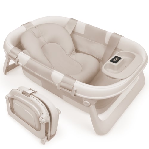 Jool Baby Fold ‘n Store Baby Bathtub – 3 Stage Collapsible Bather for Easy Storage, Portable for Travel – Built-in Thermometer (Oatmeal)