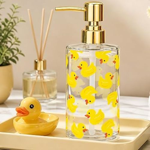 FYSUIMU Duck Soap Dispenser Cute Yellow Duck Refillable Clear Liquid Container with Pump Rubber Ducks Glass Dispenser for Bathroom Kitchen Countertop Decor