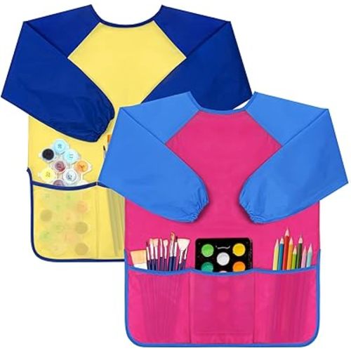 Bassion 2 Pack Kids Art Smock, Toddlers Painting Aprons Colorful Waterproof Children Artist Smock with Long Sleeve 3 Roomy Pockets for Age 2-8 Years Gifts(Blue Pink Yellow)