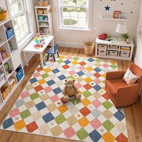 jinchan Macy Area Rug 8x10 Kids Washable Rug Indoor Floor Cover Non Slip Modern Soft Rug Playroom Diamond Carpet for Elementary School Classroom Nursery Daycare Living Room Bedroom Circus on Cream