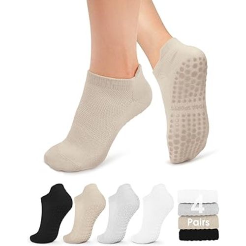 yeuG Pilates Socks for Women Non Slip Grip Socks for Yoga, Barre, Hospital, Barefoot Grippy Yoga Sock Womens Gifts 4 Pairs