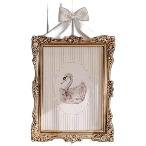 Balletcore Coquette Pink Bow Swan Nursery Wall Art – Framed Print with Vintage Gold Frame for a Baby Girl's Room Decor