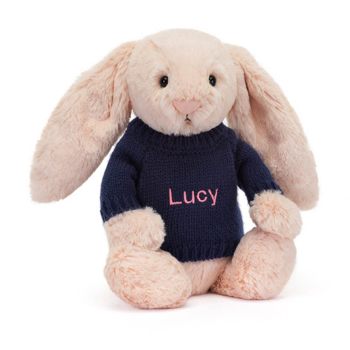 Bashful Blush Bunny with Personalized Navy Jumper