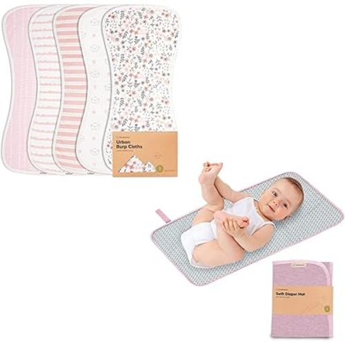 Organic Burp Cloths for Baby Boys and Girls and Portable Diaper Changing Pad Bundle - Burping Cloth, Burp Clothes, (Sweet Charm) - Waterproof Foldable Baby Changing Mat (Sweet Pink)