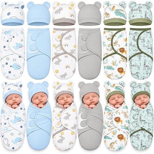 Ramede 6 Pack Baby Swaddle Blankets with Hats,Whale,Blue and Green