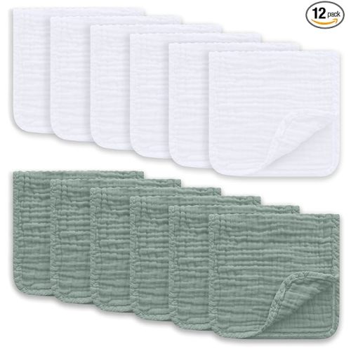 Ease Cubs Muslin Burp Cloths Large 100% Cotton Hand Washcloths for Boys & Girls, Baby Essentials Extra Absorbent and Soft Burping Rags for Newborn Registry (White & Green, 12-Pack, 20" X10")