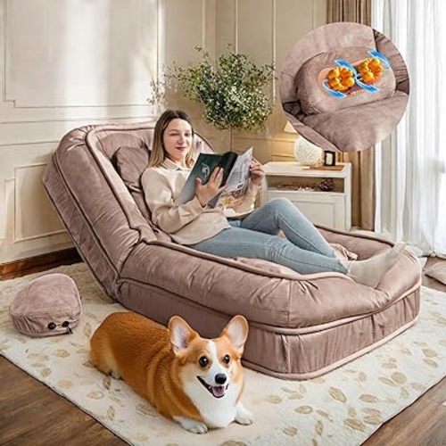 Human Dog Bed-Lazy Sofa Chair,5 Adjustable Tatami Bean Bag with Massage Pillow,Multi-Functional Floor Sofa Bed for Adult & Pets,Cozy Small Couch for Living Room & Gaming, (Brown)