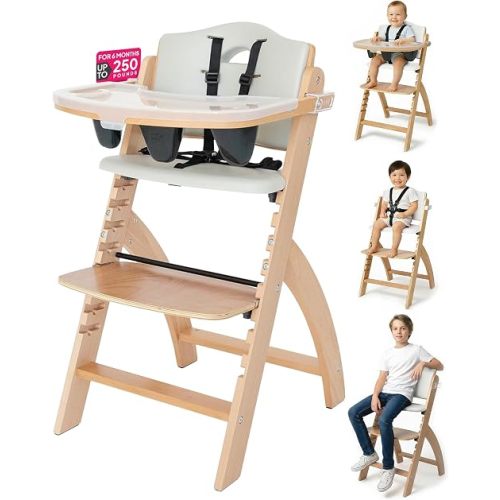 Abiie Beyond Junior Convertible Wooden High Chair with Removable Tray - natural wood dove grey
