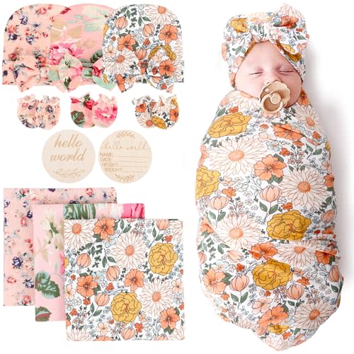 DRESHOW BQUBO Floral Swaddles for Baby Girl Newborn Receiving Blanket with Bow Hat Mittens Wooden Birth Announcement Card Set Baby Floral Print Swaddle Nursery Swaddle Wrap