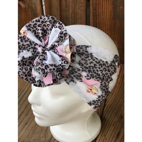 Pink Santa Messy Headwrap, Shredded Bow, Leopard Christmas Baby Girl Headband, Messy Bow, Toddler Head Wrap with Big Bow, Pigtail bows