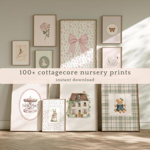 Pastel Floral Nursery Wall Art – Digital Cottagecore Baby Girl Room Shabby Chic Print