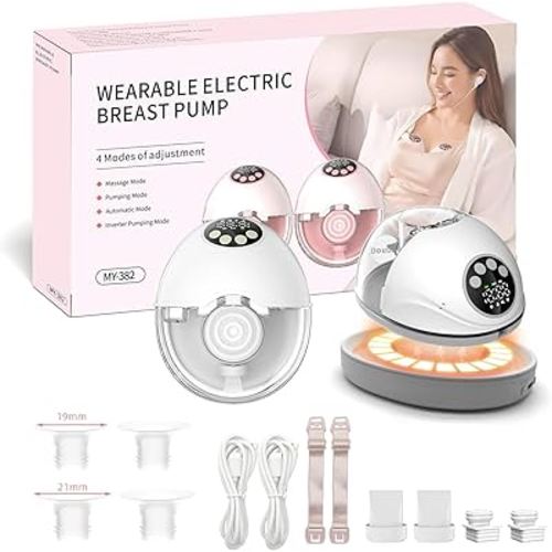Heated Wearable Breast Pump, Electric Hands-Free Breast Pump with Voice Reminder & Auto-Stop Function, 4 Modes & 12 Levels Suction for More Milk, White, 2 Pack