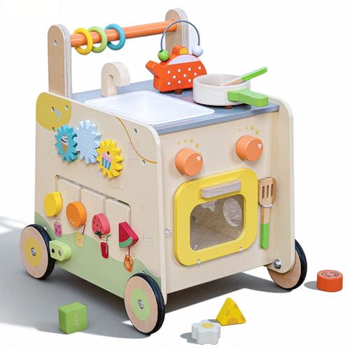 Wooden Baby Walker 3-in-1 Push Toy for Toddlers, Montessori Sensory Activity Center with Pretend Kitchen, Adjustable Speed Learning Walker, Safe Wooden Toy, Ideal Gift for Boys and Girls