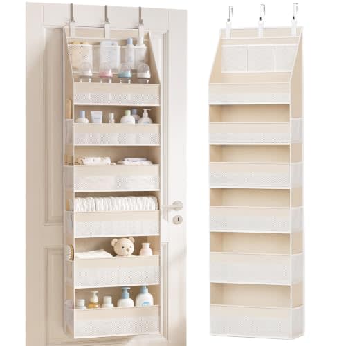 CERETIA Over the Door Organizer, Closet Hanging Storage for Nursery, Beige | Hanging Organizer with 6-Shelf, 13 Mesh Side Pockets, 55lbs Large Capacity for Bathroom, Pantry, Closet, Dorm, RV