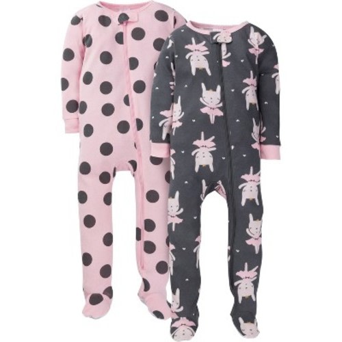 Gerber Baby Girls' 2-Pack Snug Fit Footed Cotton Pajamas, Bunny, 0-3 Months