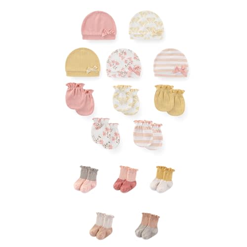 JELYLOVE 15 Pack Unisex New Born Boy Girls No Scratch Mittens Sets Cotton Soft Baby Gloves Hats socks Accessory 0-6 Months