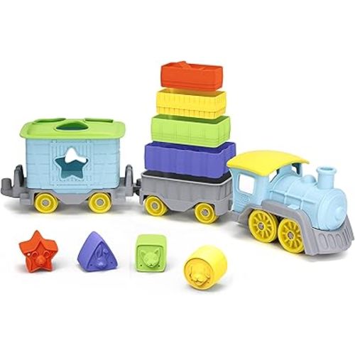 Green Toys Stack & Sort Train, Blue - 12 Piece Pretend Play, Motor Skills, Kids Toy Vehicle Playset. No BPA, phthalates, PVC. Dishwasher Safe, Recycled Plastic, Made in USA.