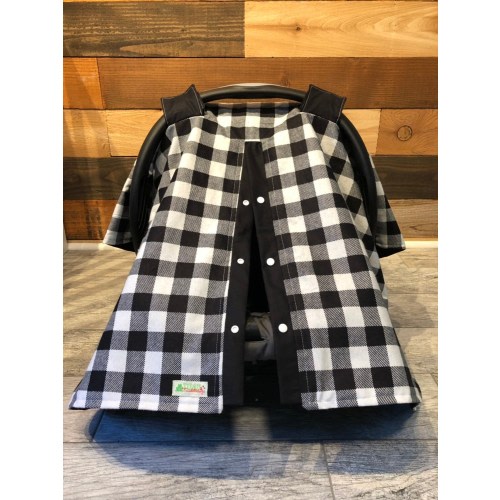 Plaid Flannel Baby Car Seat Cover: Black & White Canopy