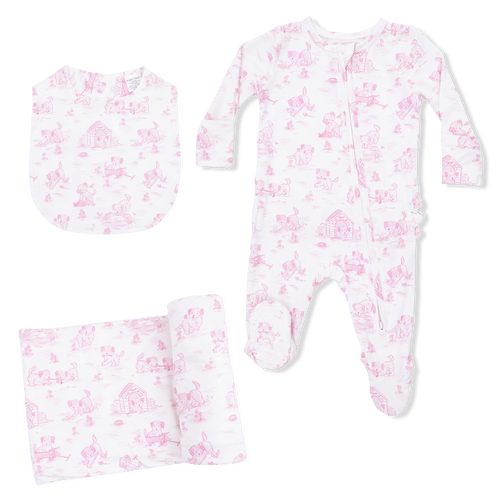 Puppy Toile Pink - 2 Way Ruffle Back Zipper Footie with Bandana Bib, a – Angel Dear