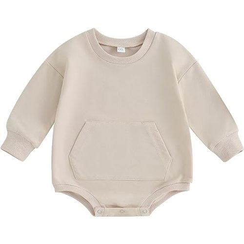 Infant Baby Boy Girl Sweatshirt Romper Solid Color Crewneck Sweater Onesie Oversized Long Sleeve Bodysuit with Pocket
