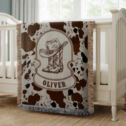 Personalized Little Cowboy Woven Blanket, Custom Name Western Baby Throw, Rustic Nursery Gift