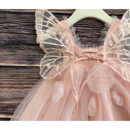 Blush Lace Tulle Baby Dress with Butterfly Wings | 1st Birthday or Flower Girl