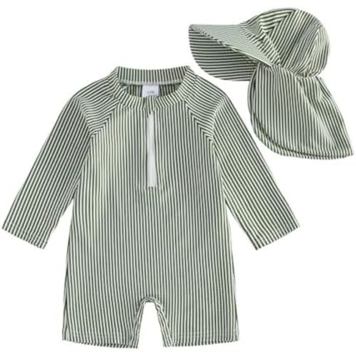 Gueuusu Baby Boys Girls Swimsuit One Piece Striped Zipper Bathing Suit Rash Guard Long Sleeve Seersucker Swimwear Sunsuit
