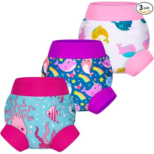 BIG ELEPHANT Baby Swim Diapers 3-Pack – Reusable Waterproof Swim Pants for Boys and Girls, Soft Breathable Swimwear for Pool